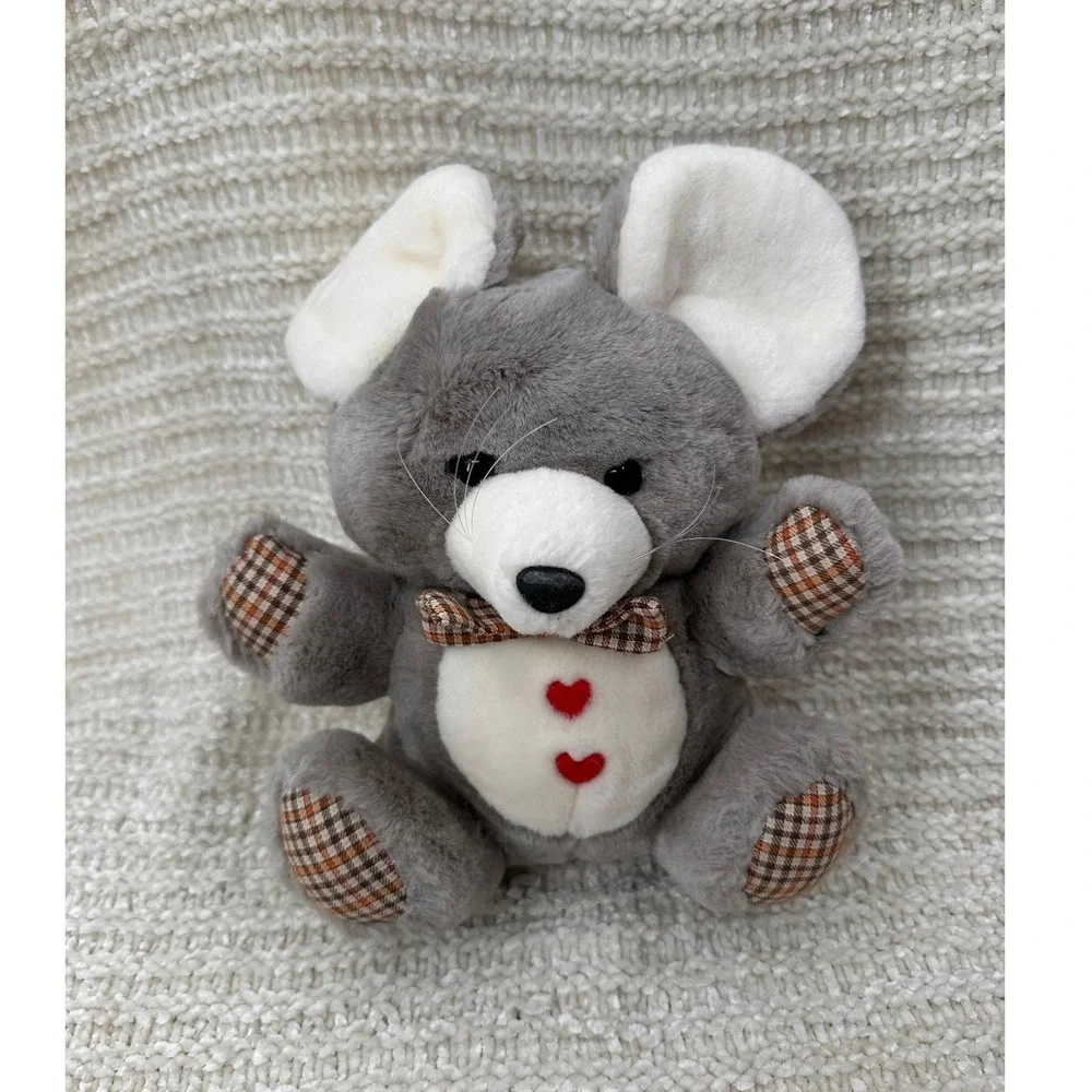 Mouse‎ Plush Stuffed Animal Grey White Plaid Hearts Lovey Kids Toy Nursery Decor